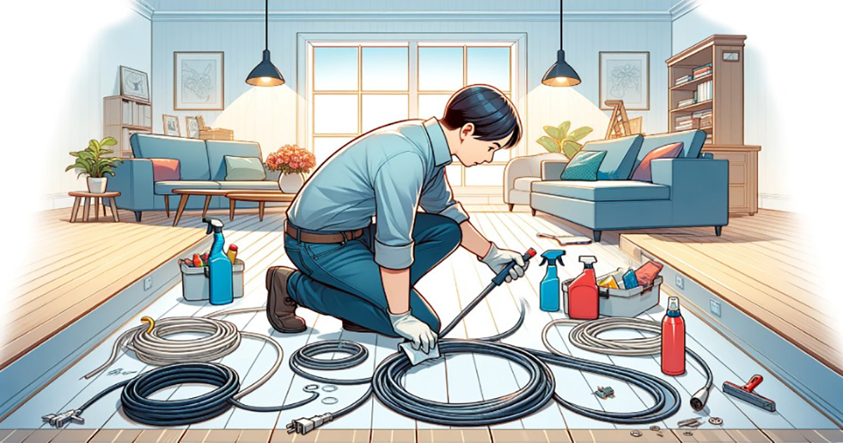 illustrated scene focuses on the essential aspect of maintaining cord covers on the floor, showing someone engaged in inspecting and cleaning cord covers within a home or office setting