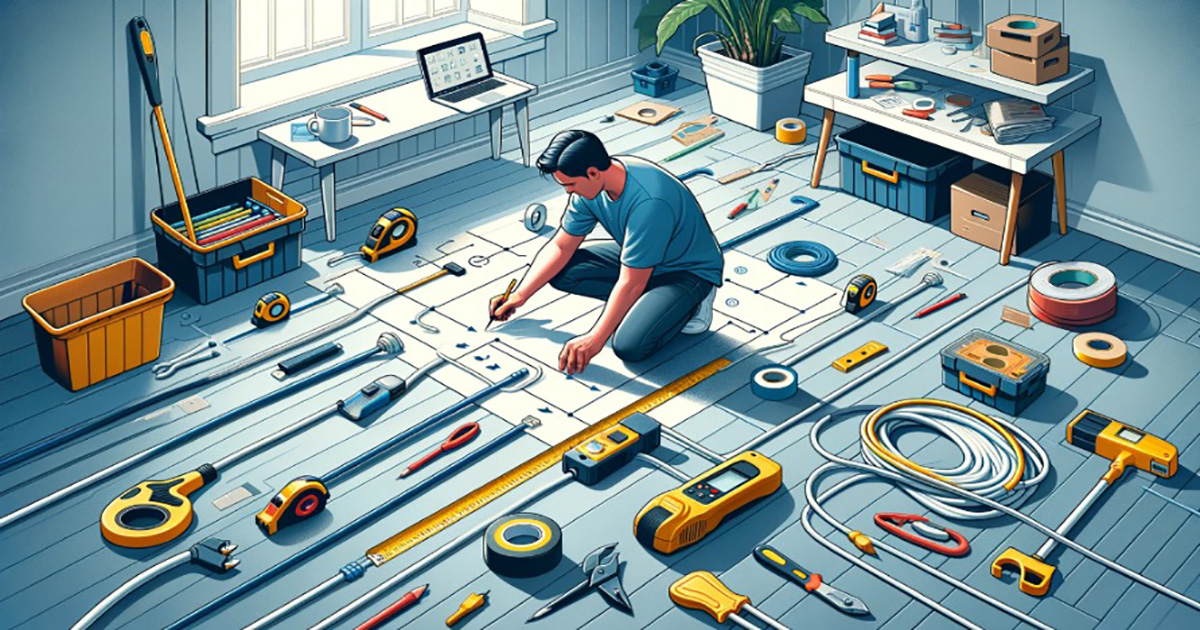 illustrated scene vividly brings to life the preparation steps necessary for covering extension cords on the floor